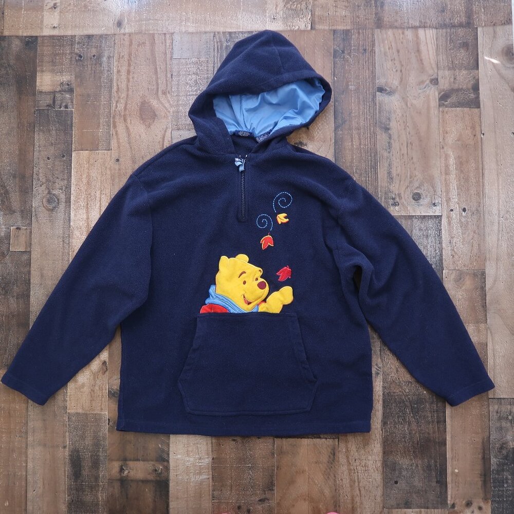 90s Vintage Winnie the Pooh Womans Large Blue Fleece 1/4 Zip Hoodie Disney